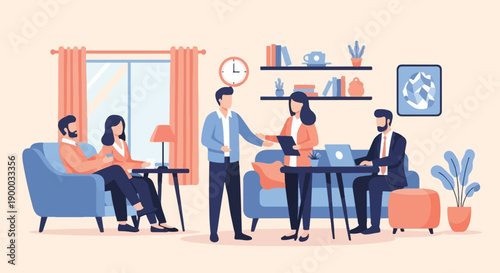 Diverse people collaborate and relax in a modern, cozy office setting