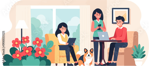 Diverse people and dog relax and work together in a bright, plant-filled indoor space