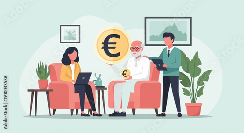 Diverse group discusses finances, holding large euro coins in cozy setting