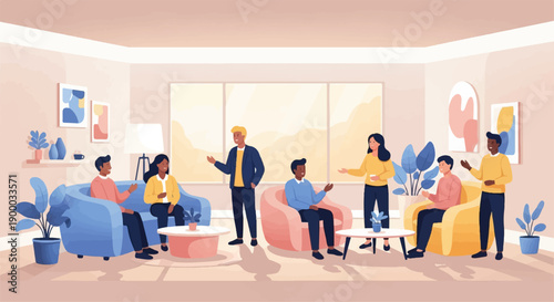 Diverse group conversing in a bright, modern living room with abstract art