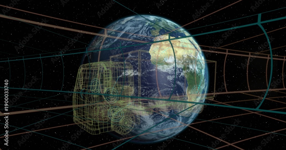 Fototapeta premium Rotating planet Earth revealing translucent wireframe truck in outer space, with curved grid tunnel