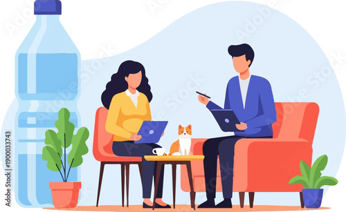 Diverse group collaborating with laptops, a cat observing, a large water bottle nearby