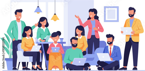 Diverse group collaborating on laptops in a modern office space