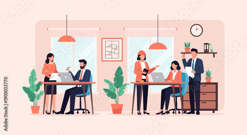 Diverse professionals collaborate on projects in a modern, well-lit office setting