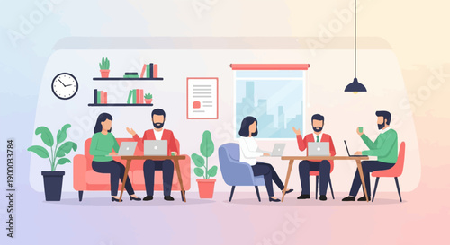 Diverse group collaborating on laptops in a modern office space with plants