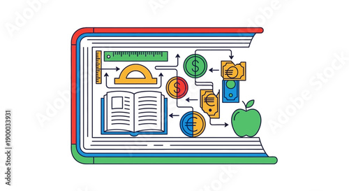 Financial Education and Economic Knowledge Flow Chart in Open Book. Vector illustration of learning, currency, math, and healthy investment concepts.