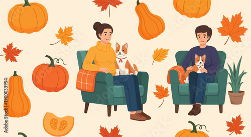 Cozy autumn scene with people and dogs relaxing among pumpkins and leaves