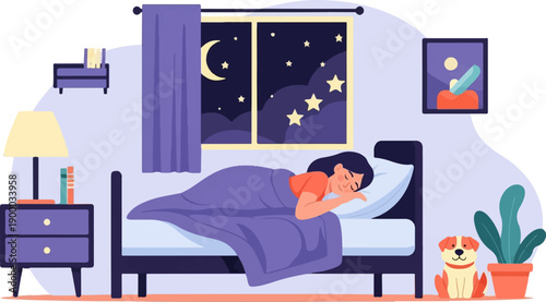 Cozy bedroom scene at night with a person sleeping soundly in bed, dog nearby