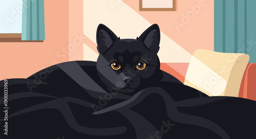 Cozy black dog peeking out from under a blanket on a couch