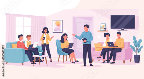 Diverse group collaborating on laptops in a modern living room setting