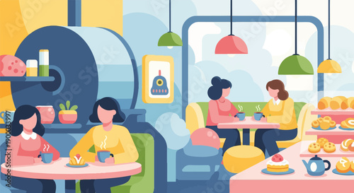 Cozy cafe scene with people enjoying coffee and pastries