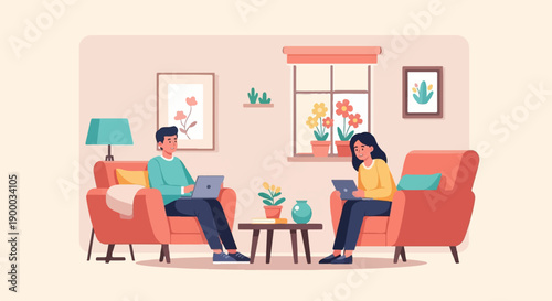 Couple relaxing at home, both using laptops while sitting on comfortable sofas