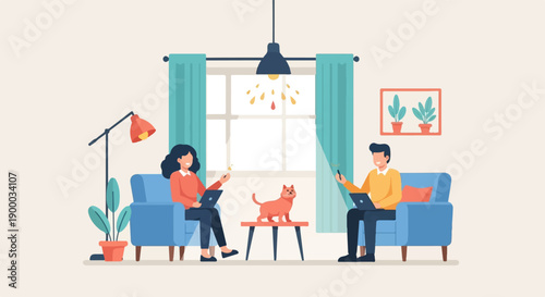 Couple relaxing at home with a cat and laptops