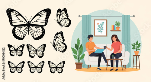 Couple relaxing at home with butterflies illustration