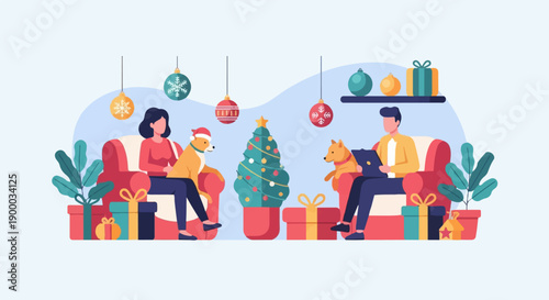 Cozy Christmas scene with people and dogs relaxing indoors