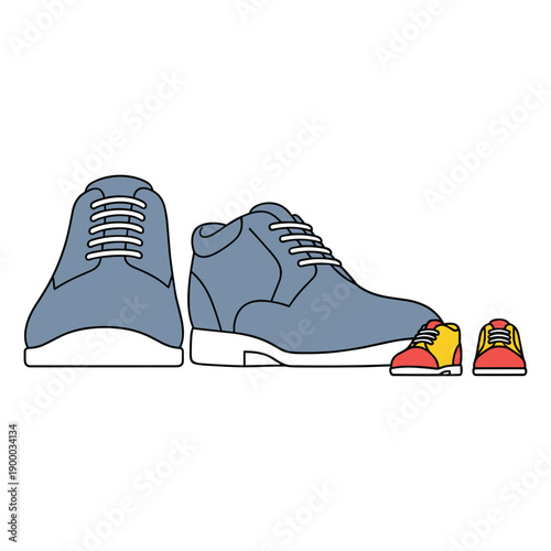 Large blue shoes overshadow small red and yellow sneakers
