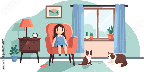 Cozy room with a girl and pets near a window with plants