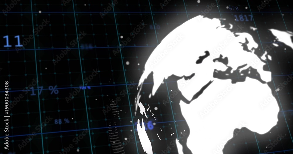 Fototapeta premium Displaying large stylized globe on right, rotating over cyan grid with percent labels and points