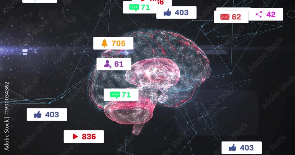 Obraz premium Floating hologram wireframe brain in cyberspace showing notification icons with counters and mesh