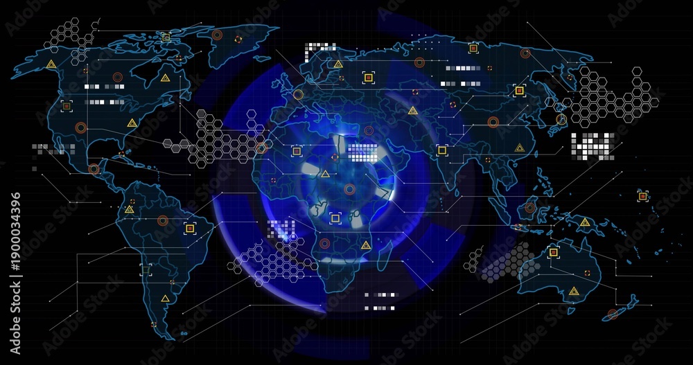 Fototapeta premium Pulsing central glowing globe showing world map outlines and rings on HUD grid, with hex clusters