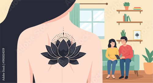 Couple relaxes on couch while woman displays large lotus tattoo