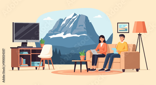 Couple relaxes indoors, enjoying a digital view of majestic mountains