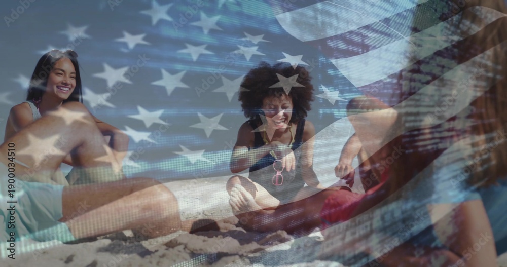 Fototapeta premium Sitting group in swimsuits chatting on beach, holding pink sunglasses under American flag overlay