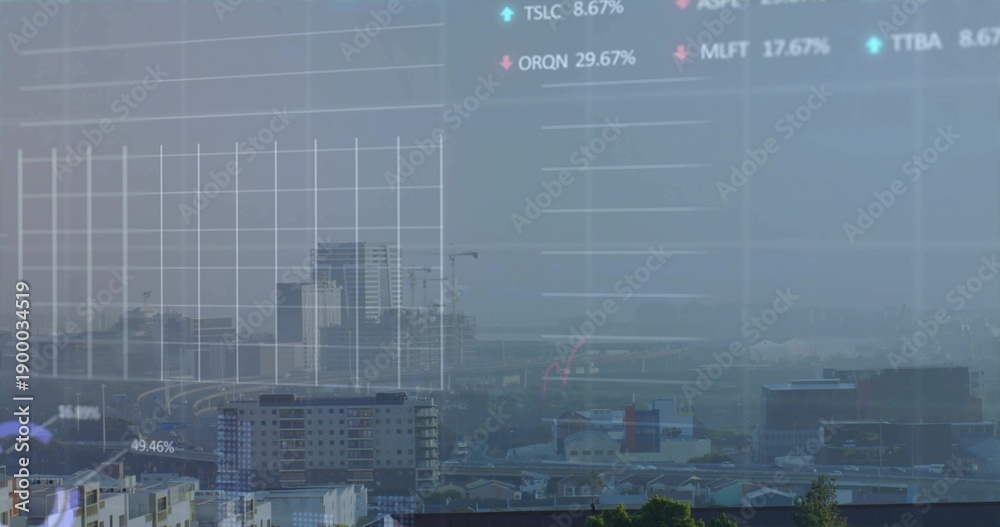 Obraz premium Displaying urban skyline showing mid-rise towers and curved roadway, with cranes and percent labels