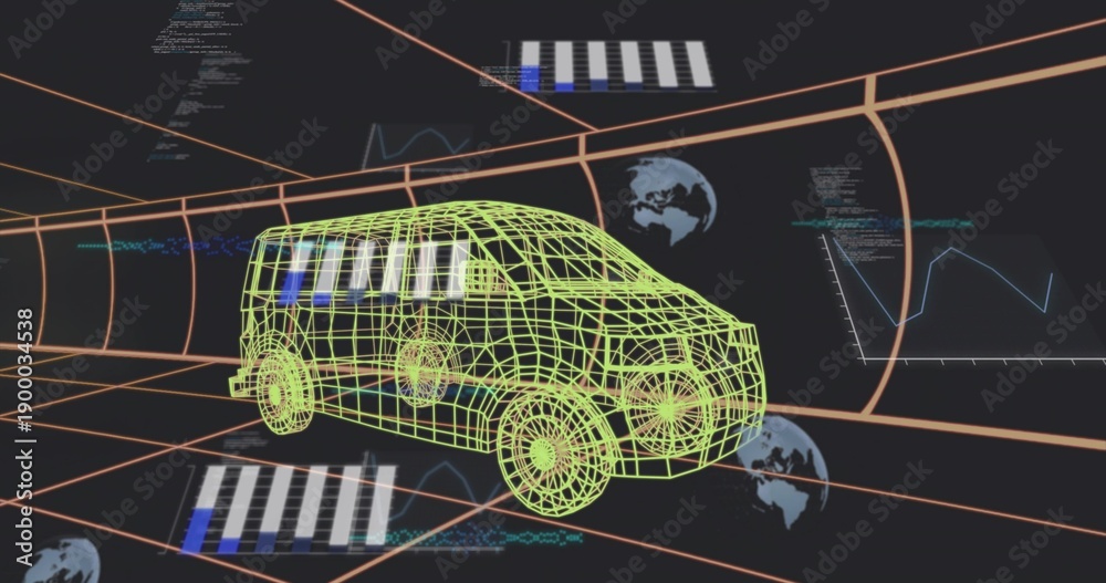 Fototapeta premium Rotating 3D wireframe minivan showing neon green outlines inside orange tunnel, with HUD panels