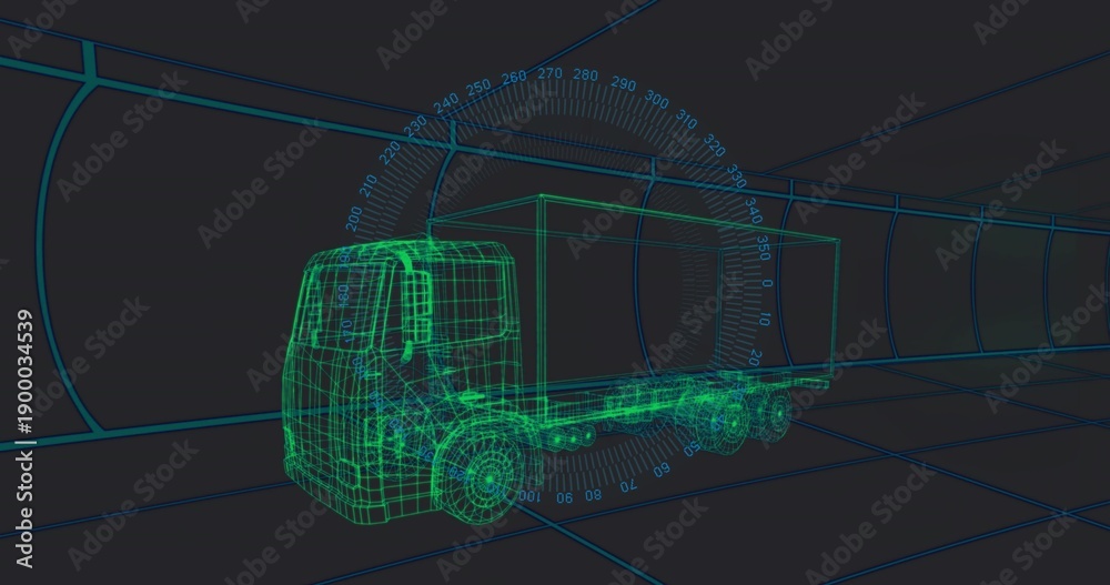 Fototapeta premium Rendering green wireframe truck and trailer centering in virtual tunnel, with protractor and grid