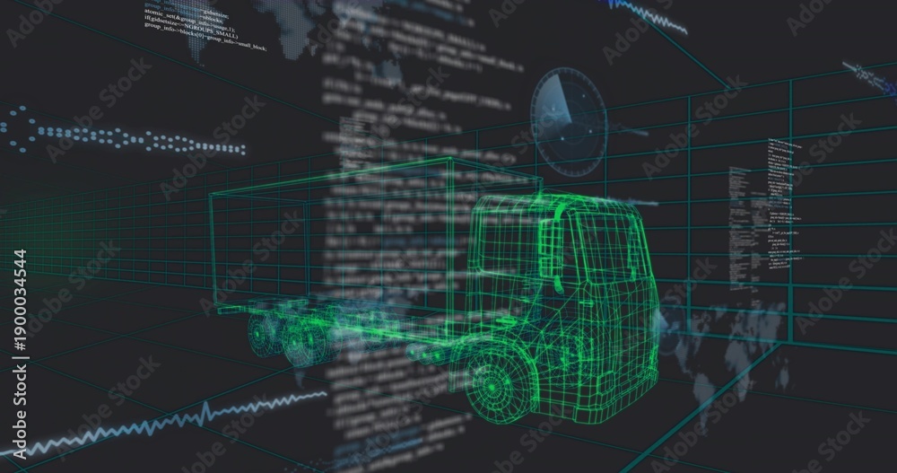 Fototapeta premium Showing 3D wireframe truck and trailer model rotating in simulation, with grid, code, radar