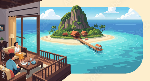 Couple relaxes in a living room overlooking a tropical island with huts and a pier