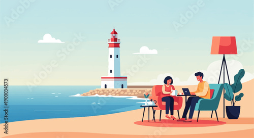 Couple relaxing by the sea near a lighthouse, working on a laptop