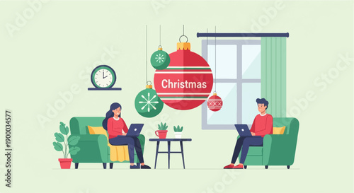 Cozy Christmas scene with people working on laptops