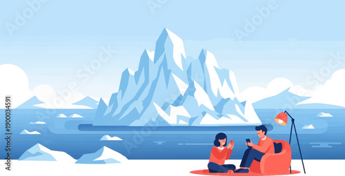 Couple relaxes by a large iceberg, both engrossed in their mobile phones