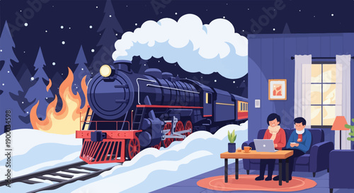 Cozy couple indoors with laptop, watching a snowy night train pass by