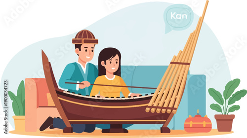 Couple plays traditional musical instrument in a room with plants and a couch