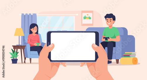 Couple playing video games on a tablet in a cozy living room