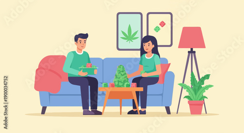 Couple playing a board game with cannabis imagery, enjoying leisure time indoors