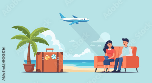 Couple on vacation waiting for flight with luggage and palm tree
