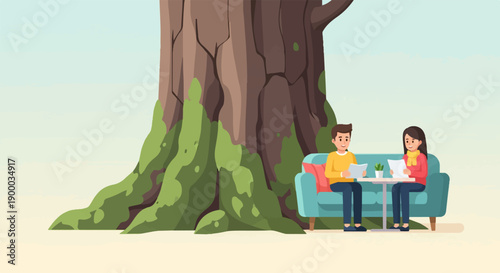 Couple on sofa reading papers next to giant mossy tree