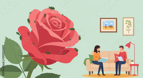 Couple on sofa, red rose with green aphids, framed art on wall