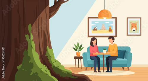 Couple relaxing in cozy living room with nature art, near large tree