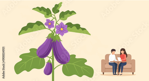 Couple on sofa discusses document near eggplant plant
