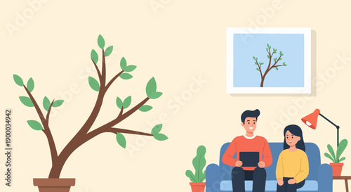 Couple on couch with tablet and plants, minimalist home interior