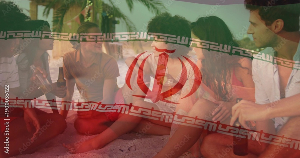 Fototapeta premium Sitting six adults talking on beach sand by palms, holding bottles, wearing swimwear, flag overlay
