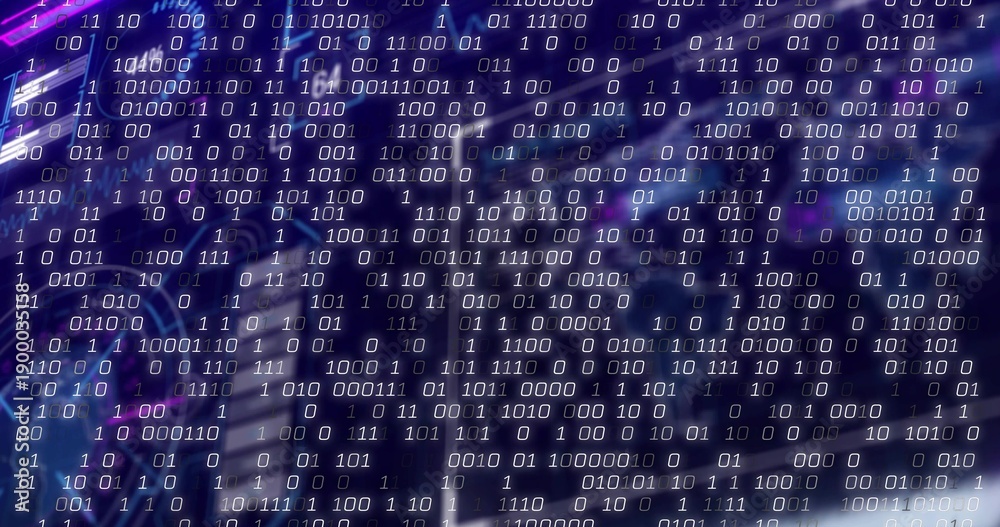 Naklejka premium Streaming binary digits flowing across server room, with circuit traces, chips, purple streaks