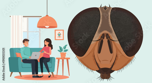 Couple on couch using laptop near giant fly face