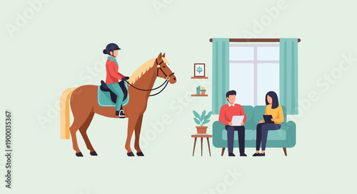 Equestrian rider and couple in living room