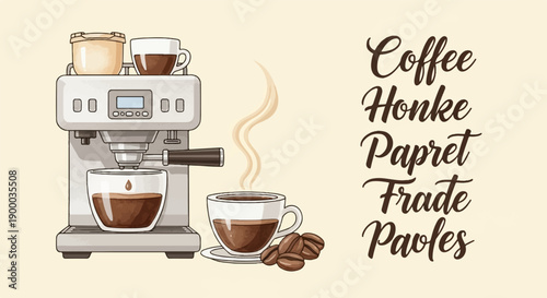 Espresso machine brewing coffee into a cup with steam and beans nearby